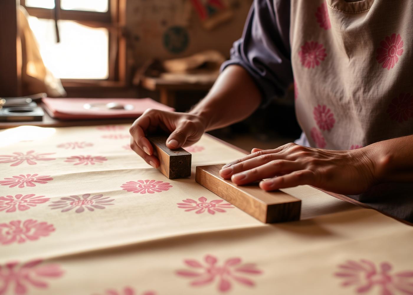 Hand block printing pink floral motifs onto natural cotton