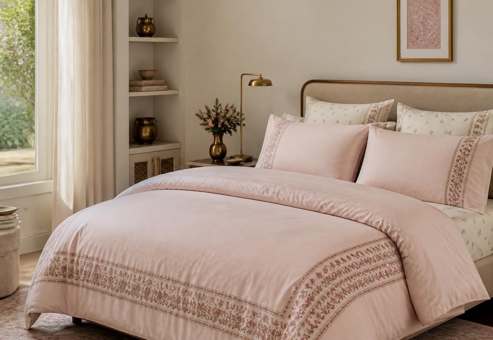 Blush cotton bedding with block-printed borders in a sunlit bedroom