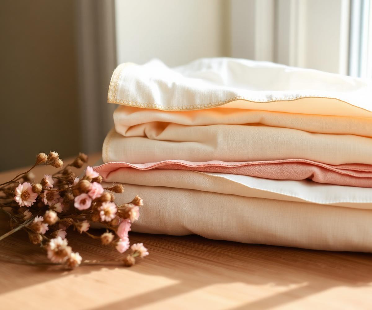 Folded cream and blush cotton textiles beside dried pink flowers